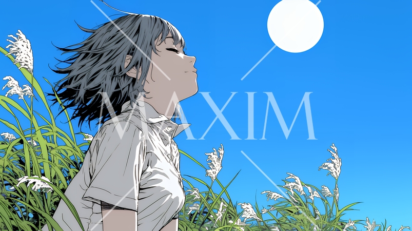 月見をしている若い女性