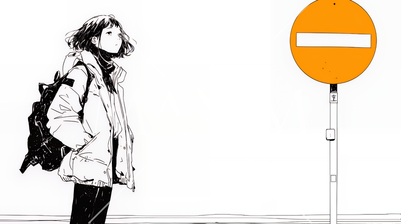 Noという意思表示：進入禁止マークと無表情な女性で表現（シンプルな色使い）