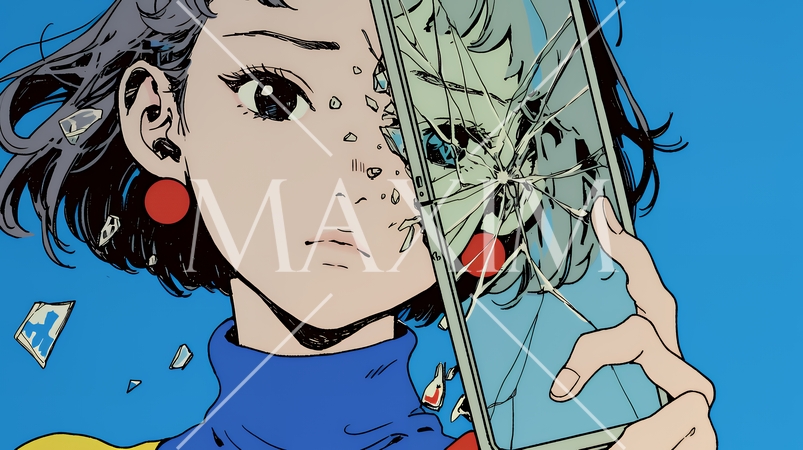 画面が壊れたスマホを手に持つ若い女性