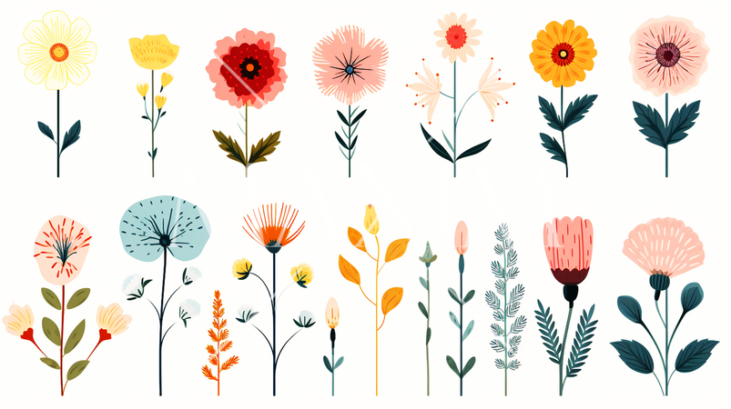バリエーション豊かな色々な花のアイコンのリファレンスシート