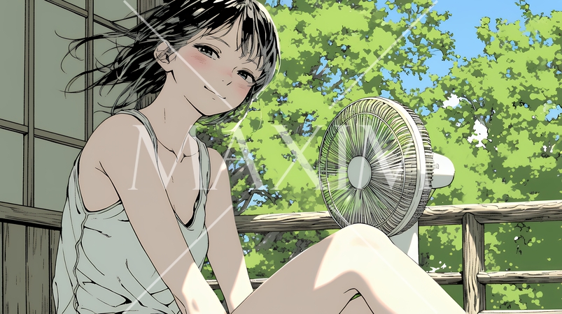 暑い夏の昼下がり、扇風機にあたって涼んでいる若い女性