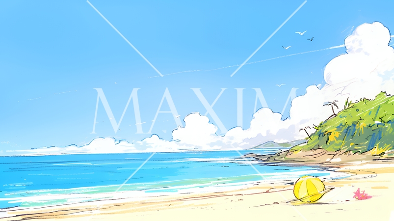 夏の青い空、青い海、白い雲と砂浜のコントラスト（クレヨン＋水彩画風）