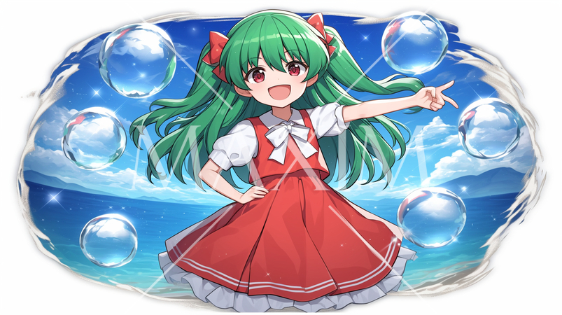 真夏の海を背景にピースサインをしている女の子