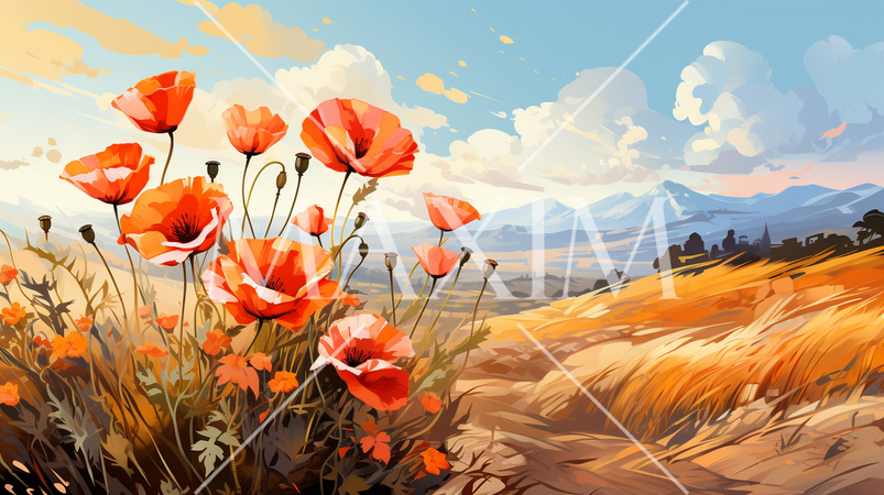 夕暮れ時のポピー畑