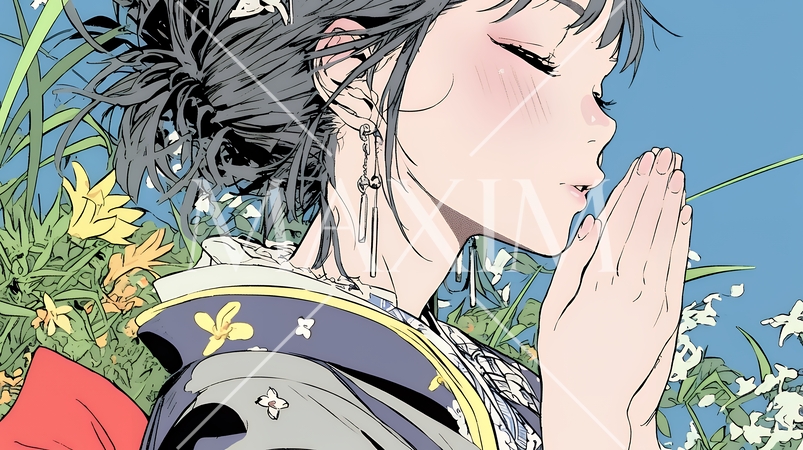 手を合わせてお祈りをしている和服姿の若い女性