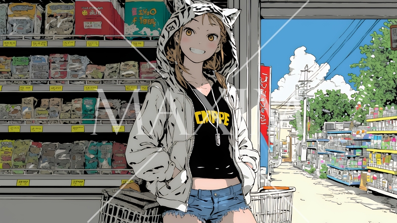 スーパーマーケットで買い物をしている若い女性