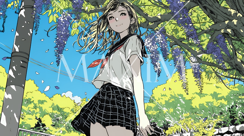 満開の藤の花の下を歩いている女子高生