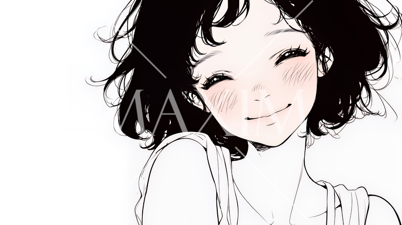 「うふふ」と微笑んでいる若い女性（シンプルな色使い）