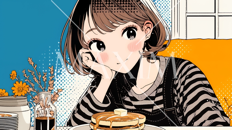 早朝のダイナー（喫茶店）でパンケーキ（モーニングセット）を食べる若い女性