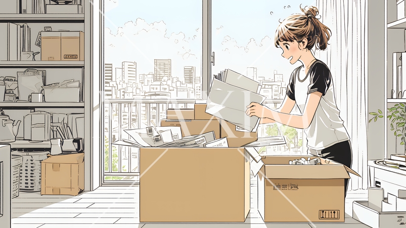 家の中（事務所）を大々的に整理している女性：断捨離