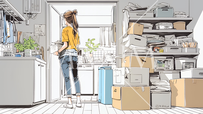 家の中（事務所）を大々的に整理している女性：断捨離