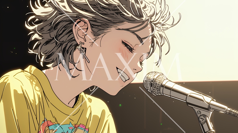 ステージでマイクを握り、情熱的に歌い上げる女性