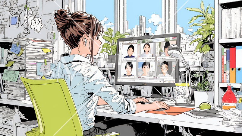 自宅からオンライン会議・授業に参加している女性