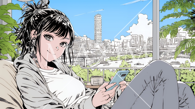 楽しそうにスマホ画面を眺めている若い女性