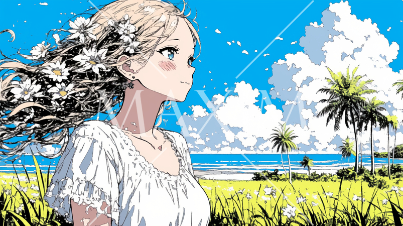 晴れた夏の日、若い女性が沖縄の海沿いの公園を散策中