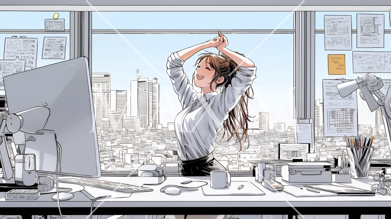 仕事の合間にストレッチ（伸び）をする女性