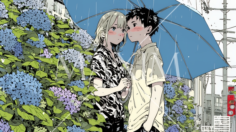 満開のアジサイと若い男女のカップル