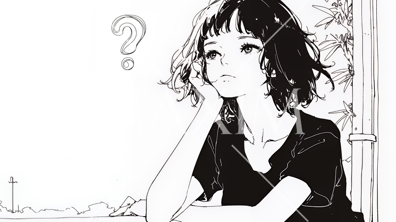 クエスチョンマークのある場面：頭の中にクエスチョンマークが生まれている（シンプルな色使い）