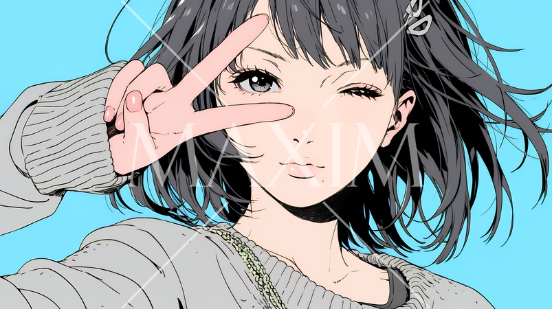 アイドルのように顔の横でピース＋ウィンクしている若い女性