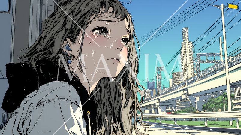 雨の中で泣いている若い女性