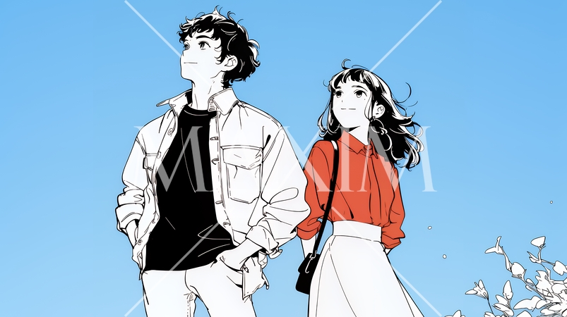 希望に満ちたライフスタイルを過ごす若いカップル：未来を見つめている（シンプルな色使い）