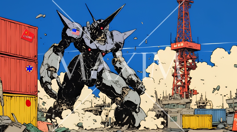 巨大関税ロボットが自由貿易港のコンテナ基地を破壊して、輸出入を妨害している