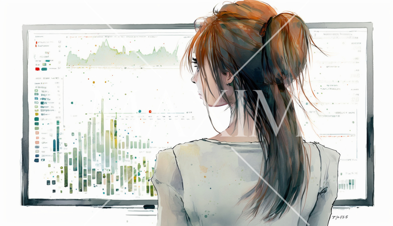 モニターに表示された株価チャートと注文画面を見つめる女性トレーダーの後ろ姿。
