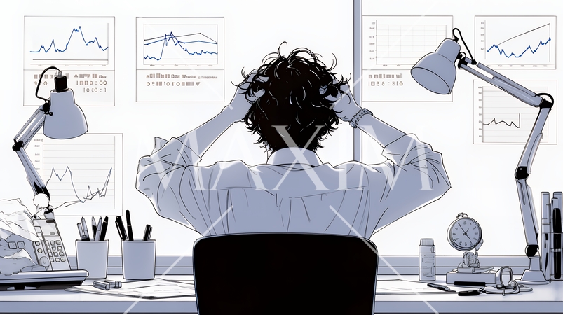 金融市場の急激な変動で頭を抱えている男性（シンプルな色使い）