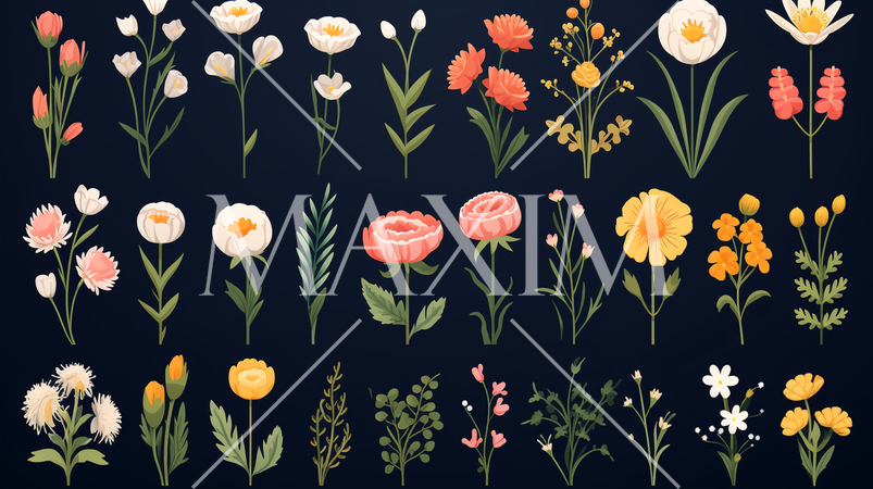 バリエーション豊かな色々な花のアイコンのリファレンスシート