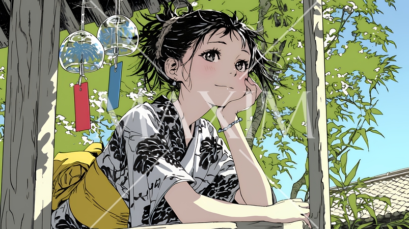 風鈴の音色を聞いている若い女性