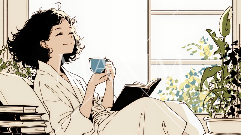 リビングで紅茶を飲んでいる女性（シンプルな色使い）