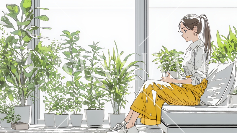 観葉植物の世話をする若い女性