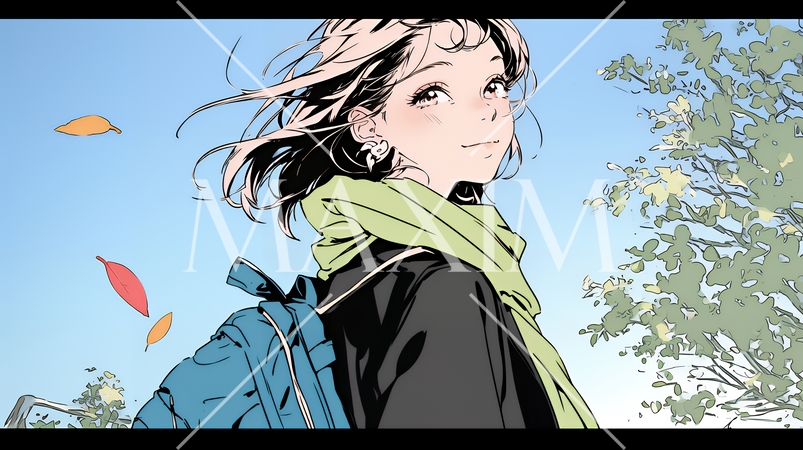 紅葉の秋の公園を歩く若い女性