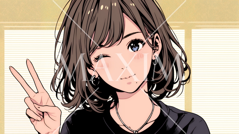 アイドルのように顔の横でピース＋ウィンクしている若い女性