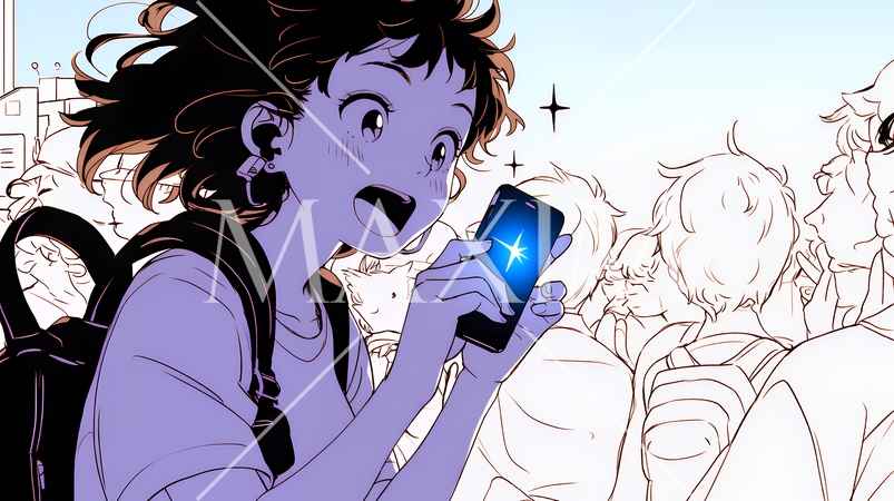 スマホの画面を見て驚いている若い女性（シンプルな色使い）