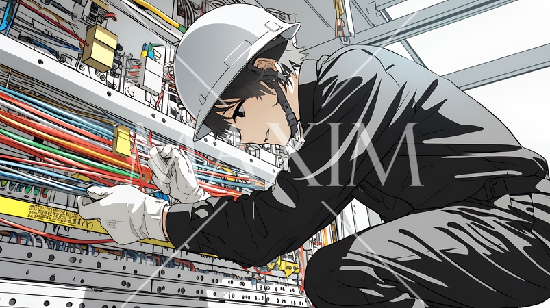 配線工事をしている男性作業員