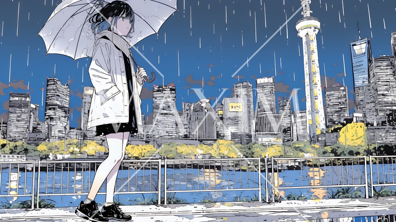 雨の中を歩く女性と都会のランドスケープ