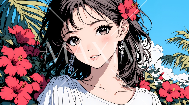 ハイビスカスと若い女性