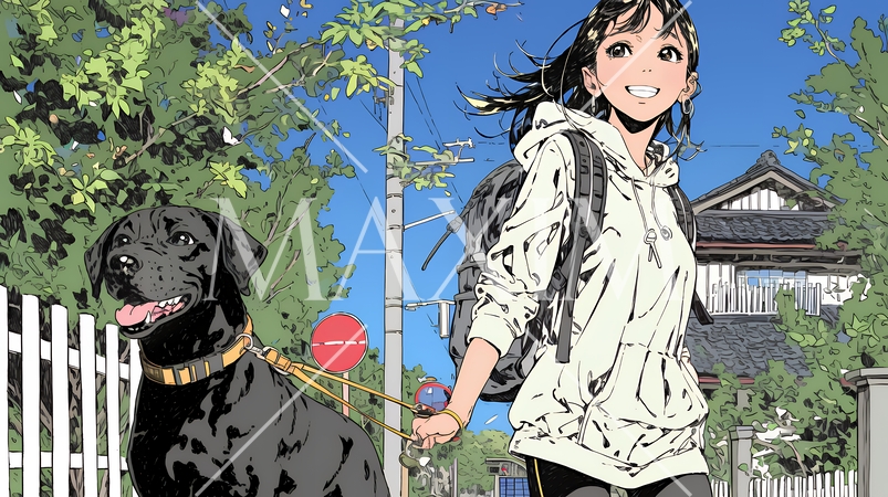 愛犬と散歩している若い女性