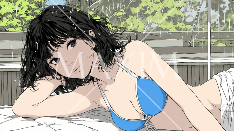 南国のリゾートホテルのプールにビキニ姿でいる若い女性