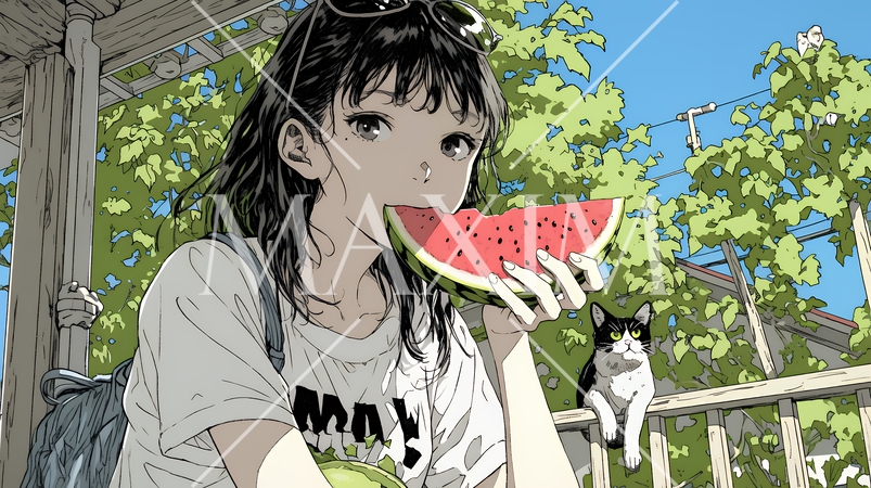 スイカを縁側で食べている若い女性