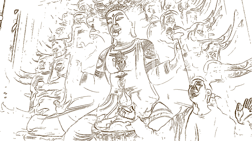 尻食らえ観音：観音像の姿を真似して茶化している男