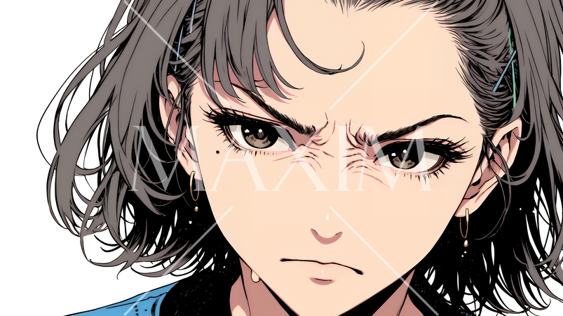 口と顔を歪めて嫌な感情を表している若い女性