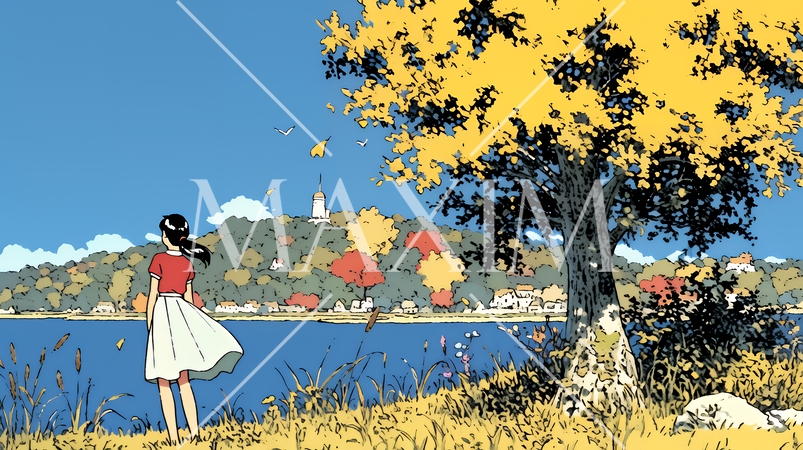 水辺の紅葉の小径を散策している若い女性