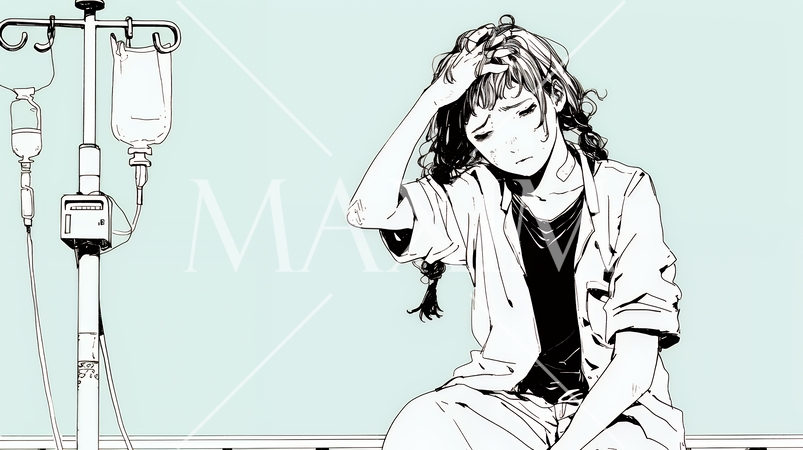 病院のベッドに腰掛けて気落ちしている女性（シンプルな色使い）