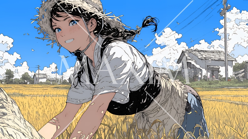 田んぼで農作業をしている女性