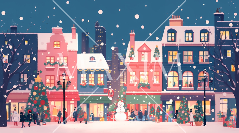 イルミネーションが彩るホワイトクリスマスの都会（ポップでキュートな表現）