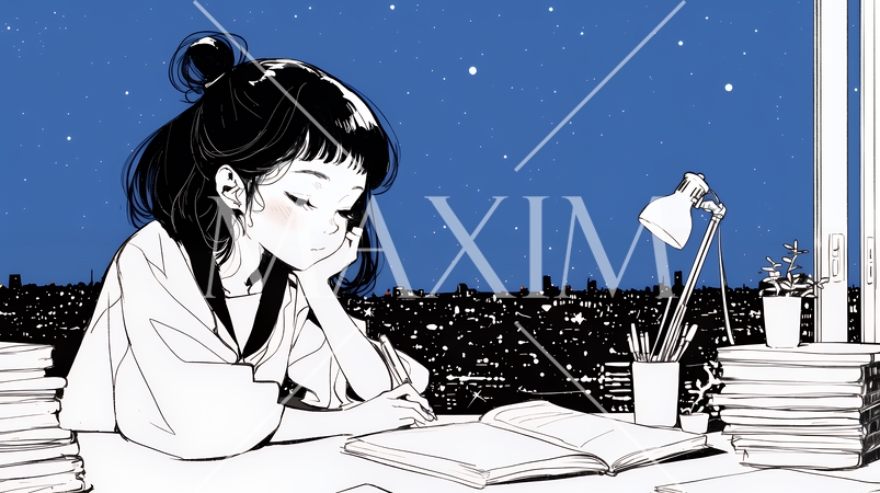 資料（本）を読みながら、うとうと眠ってしまう若い女性（シンプルな色使い）