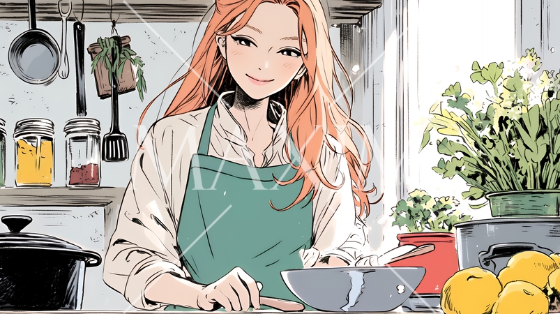 なれない料理に奮闘中の若い女性