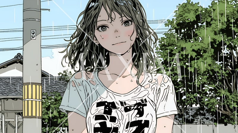 夏の急な雨でびしょ濡れの若い女性